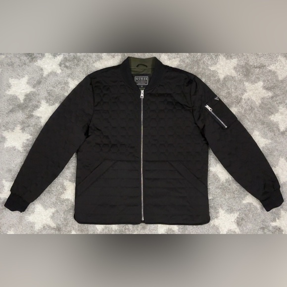 GUESS Joel Men's Quilted Bomber Jacket Black Hexagon Full Zip Size XL - Picture 1 of 15
